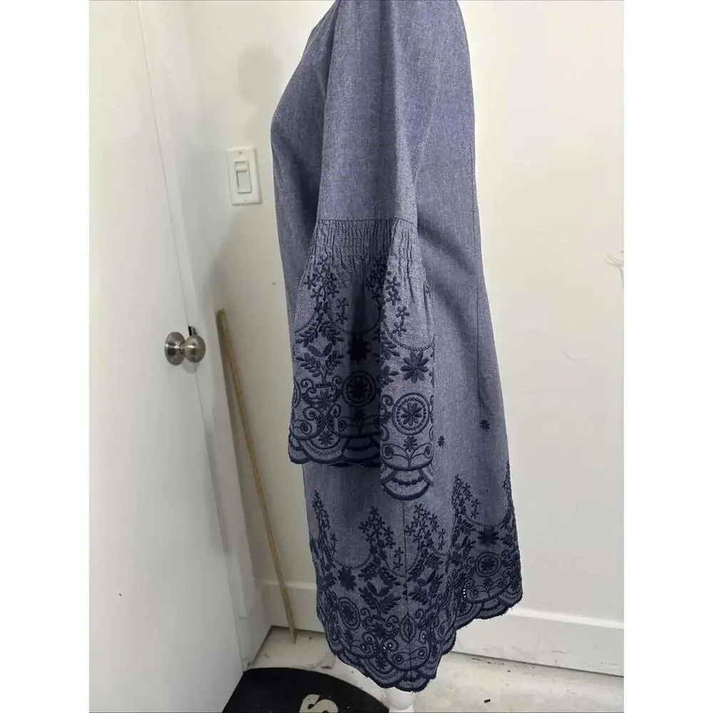 Eliza J Blue Chambray Embroidered 6 Bell Sleeve Boat Neck Mini‎ Dress NWOT